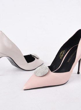 珠光胎牛皮35/37-39AMIU粉色尖头高跟鞋女圆扣细跟单鞋名媛风浅口
