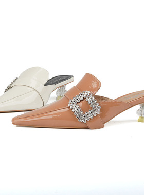 35/37头层牛皮shellys英国水钻扣尖头中跟外穿公主风包头女凉拖鞋