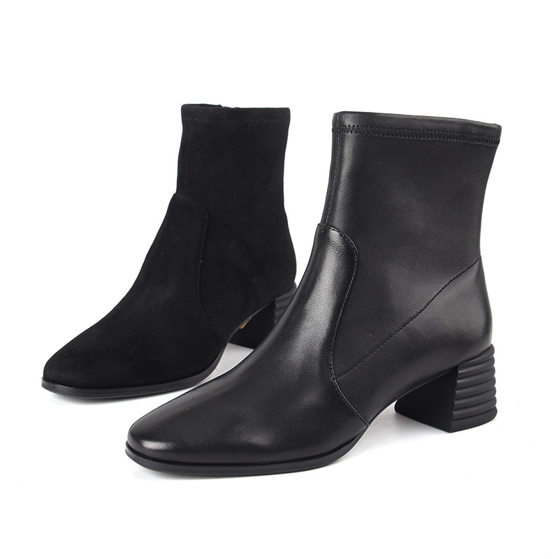 莱尔斯丹秋冬方头粗跟中跟女短靴