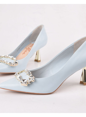 牛皮34恋尚萝莎Linea Rosa浅蓝色水钻扣猫跟浅口女单鞋高跟鞋小码