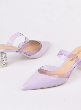 牛皮37-38恋尚萝莎Linea Rosa尖包头浅口女低跟名媛透明凉拖鞋紫