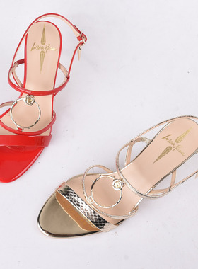 牛皮34-39恋尚萝莎Linea Rosa 红色女高跟蛇皮露趾细跟罗马凉鞋