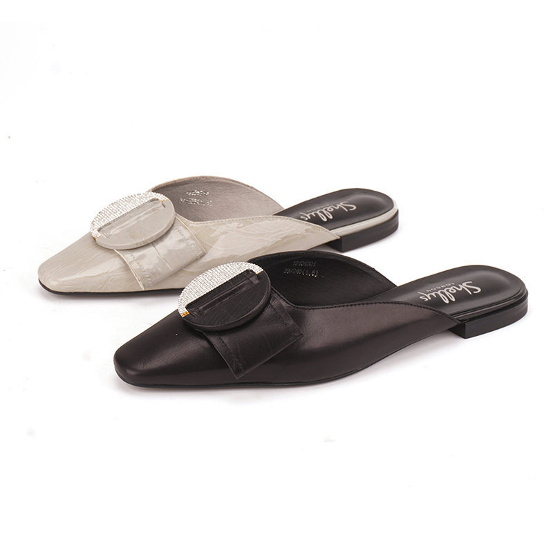 35-36头层牛皮 shellys英国 水钻圆扣包尖头凉拖鞋低跟平底穆勒