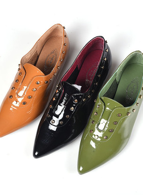 牛皮ZUSE商场36-37尖头春时尚平底单鞋季铆钉浅口软底懒人一脚蹬