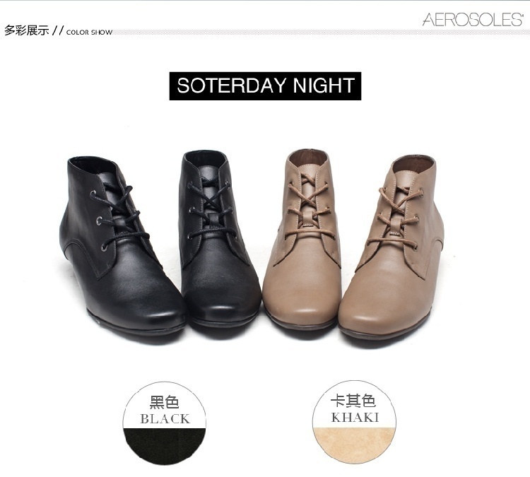 头层牛皮美国品牌系带小坡跟短靴