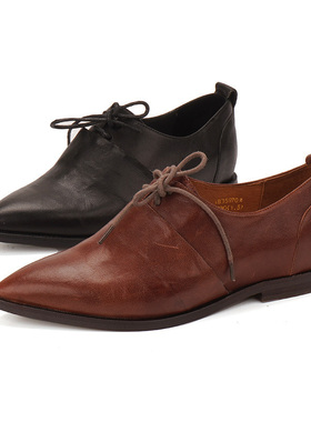 头层羊皮shellys 气质英伦短靴女尖头油蜡冬季舒适粗跟系带四季鞋