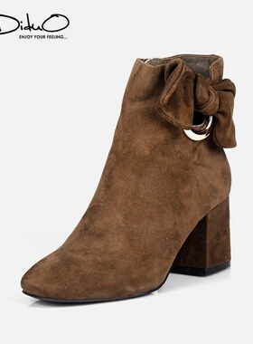 34-39反羊皮Diduo迪朵淑女名媛军绿色蝴蝶结粗跟靴子复古中筒短靴