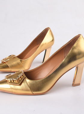 头层牛皮35/38恋尚萝莎Linea Rosa 秋尖头浅口高跟套脚单鞋女金色