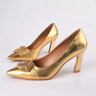 秋尖头浅口高跟套脚单鞋 Rosa 女金色 38恋尚萝莎Linea 头层牛皮35
