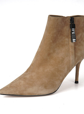 欧美风尖头细跟高跟短靴女冬季侧拉链踝靴气质百搭时装靴