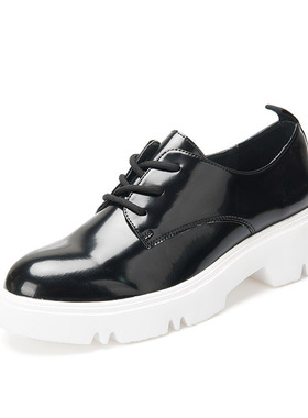 D家大头亮皮黑色系带厚底小皮鞋2022新款英伦乐福鞋粗跟皮鞋女