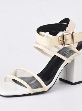 瑕疵处理！奢华蛇皮Shellys英国 白凉鞋夏季新款透明高跟鞋粗跟女