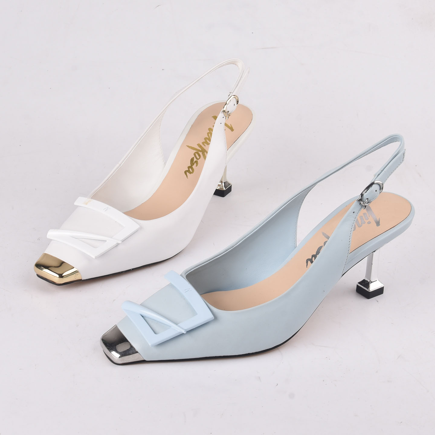 恋尚萝莎牛皮金属方头浅口高跟鞋