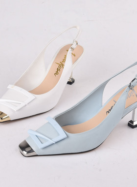 头层牛皮35-39恋尚萝莎Linea Rosa金属方头蓝色高跟法式中空凉鞋