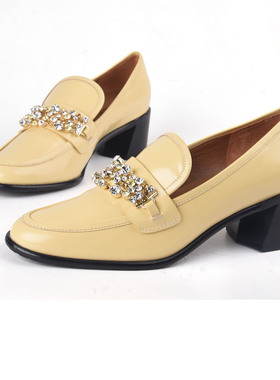 牛皮35/37-38 恋尚萝莎Linea Rosa 水钻乐福黄色单鞋低跟女显年轻