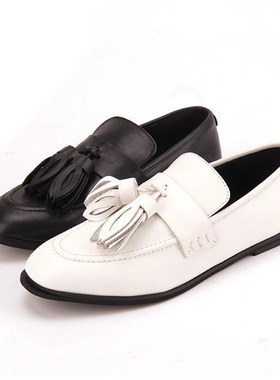 35-37头层牛皮 shellys英国 白色乐福鞋深口一脚蹬平底流苏女单鞋