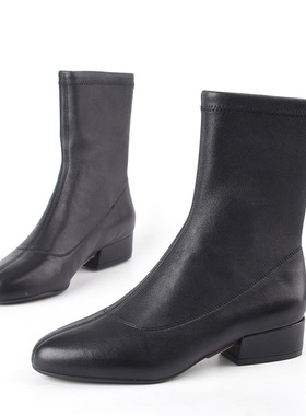 牛皮34-35莱尔斯丹Le saunda黑色平底女秋冬短靴中筒靴弹力瘦瘦靴