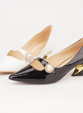 牛漆皮shellys英国36-38玛丽珍珠横扣尖头异形低跟浅口黑白单鞋女