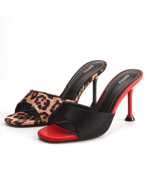 AMIU/艾妙豹纹红黑凉拖鞋高细跟