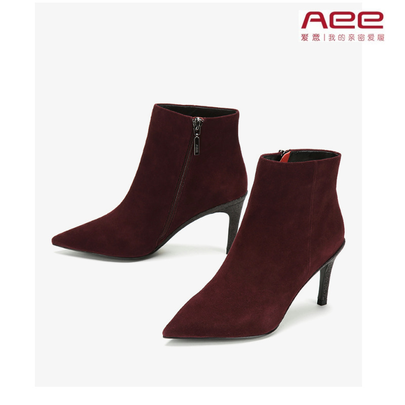 真皮Aee正品尖头细跟短靴纯欲