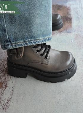小口袋复古设计感厚底短靴松糕跟马丁靴舒适侧拉链机车单靴243040