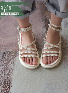 【清仓】罗马凉鞋女脚踝绑带平底沙滩鞋个性时尚珠珠女鞋212008