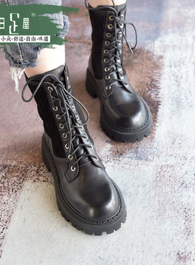 【清仓】显腿长圆头马丁靴广州产休闲时装真皮配布8寸中筒靴20229