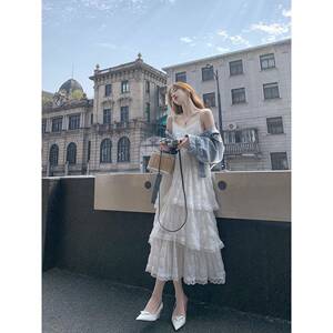 果果家 白色超仙海边度假吊带裙女夏2026新款蕾丝拼接绝美连衣裙