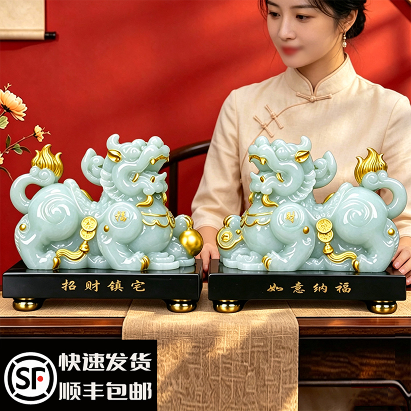 玉貔貅摆件公母一对招财镇宅乔迁新居开业礼物客厅玄关办公室摆设