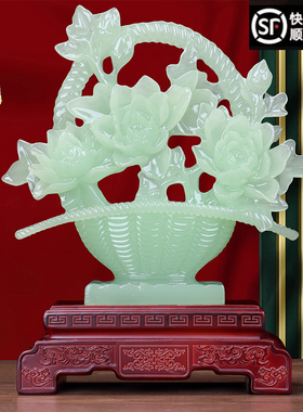 一揽富贵玉石花蓝摆件牡丹花客厅玄关酒柜装饰品新居乔迁高档礼物