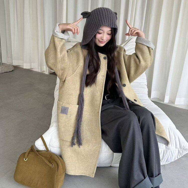 韩系可爱俏皮双面羊绒大衣女中长毛呢外套