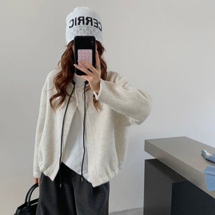 2025秋冬新款韩系小短款双面羊绒大衣拼接皮领抽绳羊毛呢休闲外套