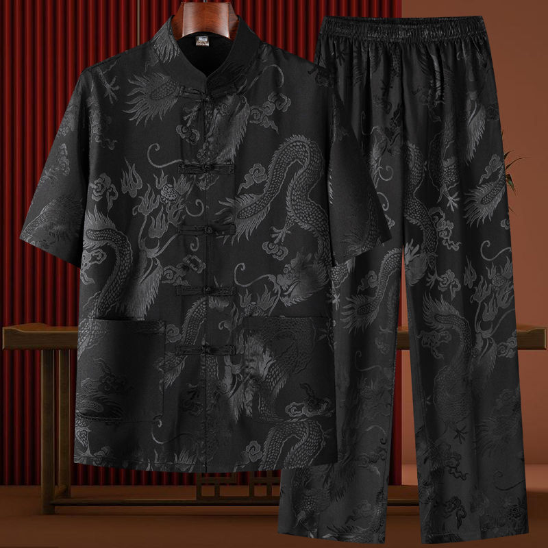 唐装短袖男士衬衫中老年人衬衣汉服中国风夏季爸爸套装爷爷