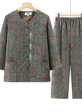 2026妈妈夏季舒适印花套装 宽松大码七分袖上衣松紧腰直筒裤套装