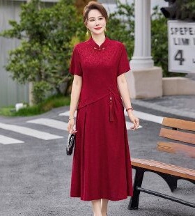 妈妈连衣裙贵气新中式旗袍遮肚显瘦中年女夏装大码喜婆婆雪纺裙子