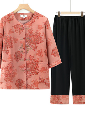 2026新款时尚显瘦妈妈装休闲套装圆领排扣国风牡丹印花七分袖舒适