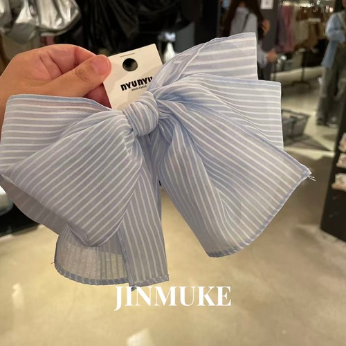 JINMUKE韩国进口发饰品气质简约夸张蝴蝶结纱条纹蓝仙发夹横夹新