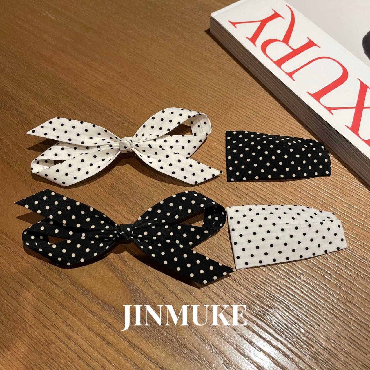 JINMUKE韩国进口发饰黑白波点蝴蝶结发夹鸭嘴夹子前额刘海夹新品