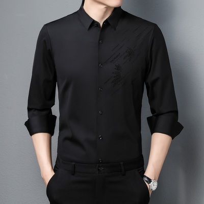 男式黑色暗花舞服上衣摩登舞长袖练功服华尔兹拉丁国标舞演出衬衫