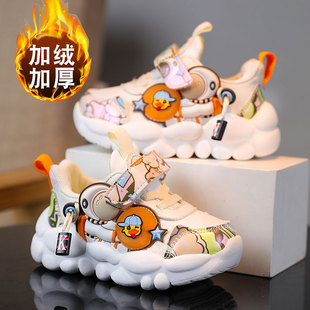 小黄鸭女童秋季新款皮面加绒男童运动鞋软底中小童超轻防滑休闲鞋