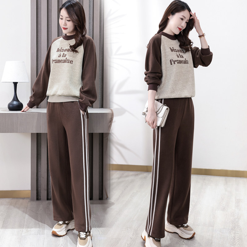 休闲运动套装女2024冬季新款加厚加绒韩版拼接卫衣时尚洋气两件套