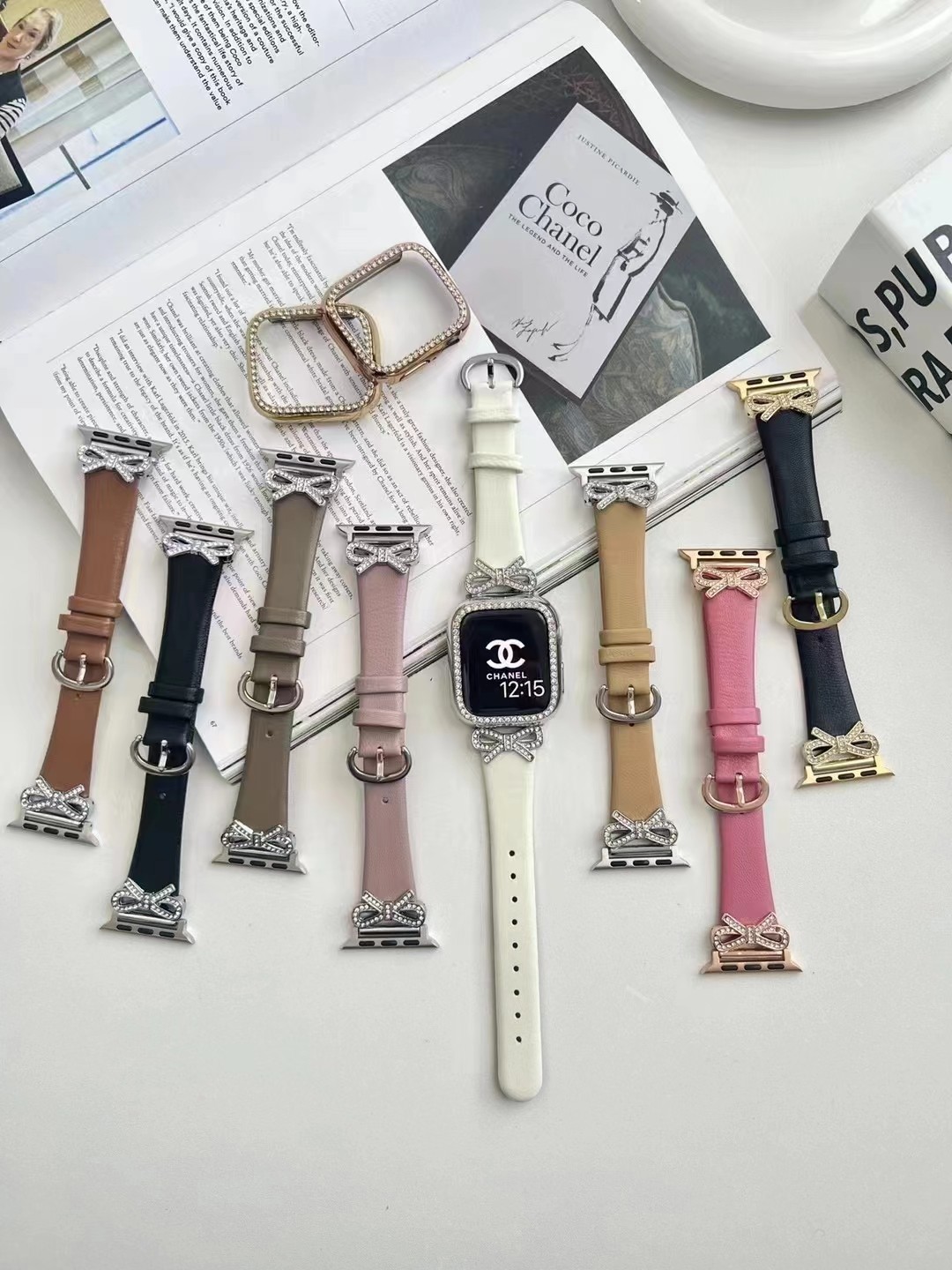 适用iwatch手表带蝴蝶镶钻小牛皮