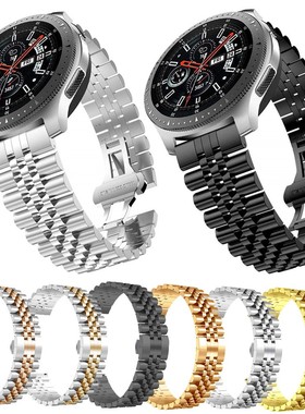 适用Galaxy watch34567代手表带三星Active2代五珠不锈钢带20/22