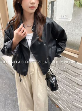 Fst2025春季新款韩版宽松显瘦百搭立领短款皮衣外套女机车服夹克