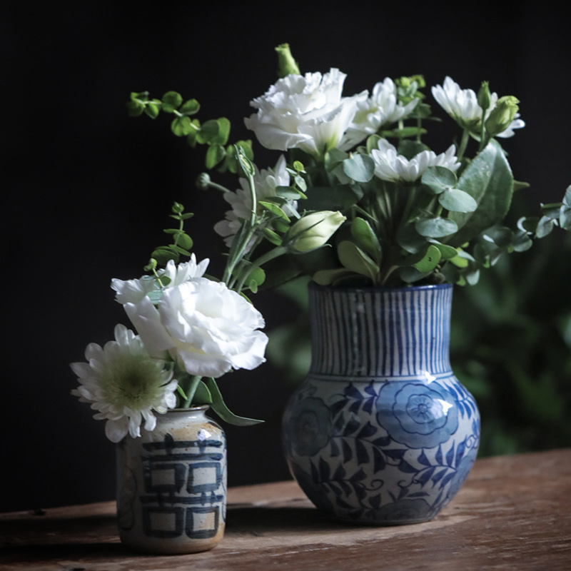 粗陶复古中号长颈花瓶手绘青花禅意插花花器中号号摆件客厅装饰