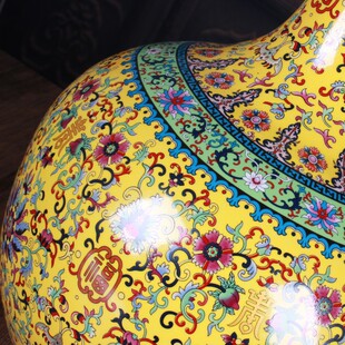 新款陶瓷花瓶黄色福寿大号天球瓶中式喜庆乔迁新居装饰摆件u.