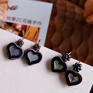 「墨蓝桃心」新品日常复古百搭款蚀刻古董珠原创编织米珠耳钩戒指