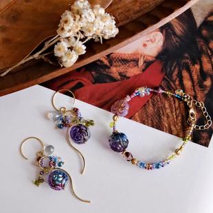 莫奈睡莲|花植手作原创设计 浮雕蓝紫渐变捷克琉璃珠耳夹手链