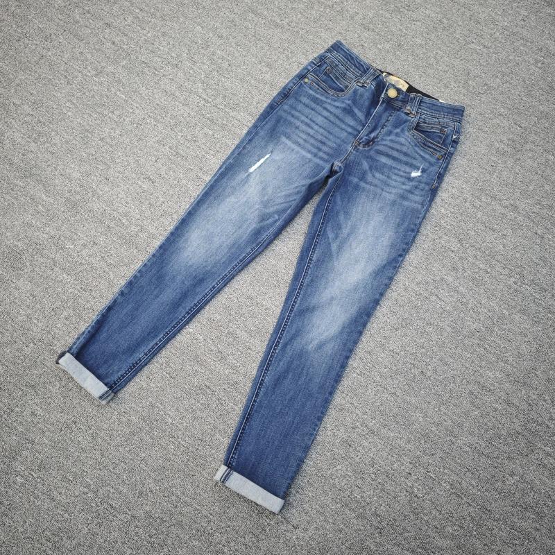 欧美单春秋弹力修身猫须牛仔裤