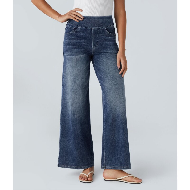 欧美春夏薄款松紧腰高腰高弹力牛仔裤宽松直筒裤阔腿裤针织加长裤